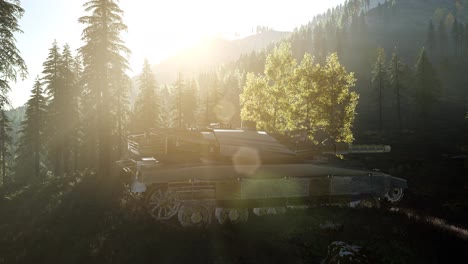 Alter-Rostiger-Tank-Im-Wald-Bei-Sonnenuntergang